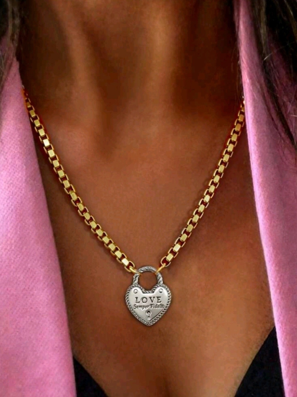 NEW Gold Chain Necklace with Silver Heart Padlock Love Semper Fidelis Necklace